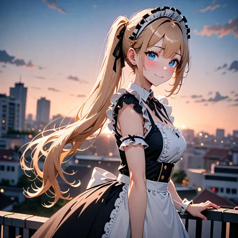beautiful pretty cute small face,1girl,kind_smile,shiny_skin,perfect body,blonde hair,little smile,blue eyes,Side ponytail,hair ornament,maid headdress,Swept bangs,housemaid,blouse,maid apron,shiny skin,voluptuous body,10 heads tall,(depth of field:1.3),Masterpiece,Best Quality,absurdres,very aesthetic,newest,ai-generated,against backlight at dusk,On the roof of a luxury apartment building,from_side,cinematic_angle,