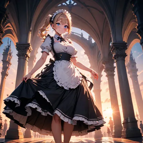 beautiful pretty cute small face,1girl,kind_smile,shiny_skin,perfect body,blonde hair,little smile,blue eyes,Side ponytail,hair ornament,maid headdress,Swept bangs,housemaid,blouse,maid apron,long skirt,shiny skin,voluptuous body,10 heads tall,(depth of field:1.3),Masterpiece,Best Quality,absurdres,very aesthetic,newest,ai-generated,against backlight at dusk,dynamic_angle,magnificent_architecture,from_below,curtsy,