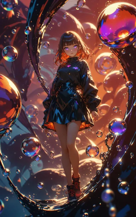 niji,fantasy,looking_at_viewer,female,1girl,(pink_glowing_blunt_bangs_bunches),ribbed_high-waist_skirt,Technical functional fabric,fluorescent stuffed animal,glowneon,(color_neon_bluish_violet),air bubble,full shot body photo of the most beautiful artwork in the world,bubble,water drop,air bubble,red theme,orange theme,
masterpiece,best quality,niji style,8k,RAW photo,highly detailed,masterpiece,highest quality<lora:ç»ªå¿ çµå½±å§ç
§:0.75><lora:DetailedEyes_V3:1>,