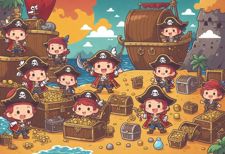 cheerful and funny illustration,cartoon,chibi,doodle style,pirate,treasure chest,pirate ship,
