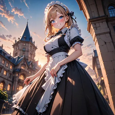 beautiful pretty cute small face,1girl,kind_smile,shiny_skin,perfect body,blonde hair,little smile,blue eyes,Side ponytail,hair ornament,maid headdress,Swept bangs,housemaid,blouse,maid apron,long skirt,shiny skin,voluptuous body,10 heads tall,(depth of field:1.3),Masterpiece,Best Quality,absurdres,very aesthetic,newest,ai-generated,against backlight at dusk,dynamic_angle,magnificent_architecture,from_below,curtsy,