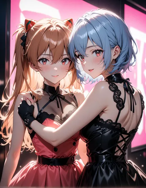 2girls, close up on upper body,
pink theme, blue theme, black theme,
, (lighting:1.4),(soft light:1.4),(see-through silhouette:1.4),(backlighting:1.8),(glowing:1.4),(neon light:1.4),(spot lights:1.4),(ray lights:1.4)
BREAK
2girls,(ayanami rei:1.3),neon genesis evangelion, close up on face, (light blue hair, short hair,:1.2), streaked hair, black ribbon,
layered dress, lace decoration on dress, fingerless gloves, lace sleeves, pose,
open mouth,
AND
2girls, close up on upper body,
pink theme, blue theme, black theme,
BREAK
2girls,(souryuu asuka langley:1.3),neon genesis evangelion, close up on face, brown long hair, pink highlights hair, blue highlights hair,streaked hair, black ribbon,
black dress, lace decoration on dress,fingerless gloves, bare shoulders, pose,
smile,
BREAK
2girls, 2girls hug, close up on upper body,
indoor,abstract graffiti, sit against wall,
indoors,crowd,night club,detailed background,urban,reflection,people around,blurry background,depth of field,, (masterpiece:1.2), (best quality:1.2), (very aesthetic:1.2), (absurdres:1.2), (detailed background),newest,ai-generated, intricate,