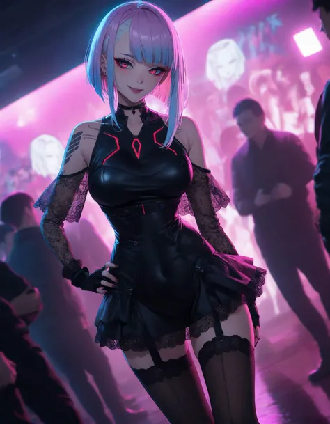1girl,lucy \(cyberpunk\),cyberpunk \(series\),(close up on face:1.2),(portrait:1.2),
wearing black gothic dress, lace decoration on dress, intricate details on dress,
,emo girl,large breasts,smile,cowboy shot,tattoo on shoulder,(black eyeshadow:1.2),dutch angle,against (graffiti wall:1.2),
(pink theme:1.2),cyan theme,black theme,lighting theme,iridescent inner hair,jewelry,
BREAK
(lighting:1.2),(soft light:1.2),(see-through silhouette:1.2),(backlighting:1.2),(glowing:1.2),(neon light:1.2),(spot lights:1.2),
bare shoulders, black dress, lace dress,
see through lace dress,bodystocking, lace thighhighs,miniskirt,lace sleeves,fingerless gloves,lace choker,indoors,crowd,night club,detailed background,urban,reflection,surrounded by people,, (masterpiece:1.2), (best quality:1.2), (very aesthetic:1.2), (absurdres:1.2), (detailed background),newest, intricate,
