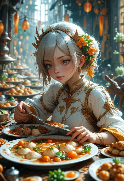 Nine savory dishes, one soup, ten whole dishes, ten beautiful dishes. Such a lavish banquet, not to mention in this small Dong Huong district, even if it was set up in more prosperous towns, it wouldn't be embarrassing. The young girl finished serving the food, looked at the delicacies all over the table, and a tear suddenly fell from the corner of her eye. perfect anatomy, approaching perfection, dynamic, highly detailed, smooth, sharp focus, art by Carne Griffiths and Wadim Kashin, trending on artstation, sharp focus, intricate details, highly detailed, by greg rutkowski, mysterious, epic, cinematic, digital art, 4k,, <lora:add-detail-xl:1> <lora:MJ52:0.6>, (masterpiece:1.2), (best quality:1.2), (very aesthetic:1.2), (absurdres:1.2), (detailed background),newest,ai-generated,