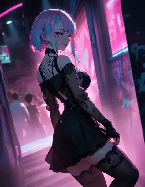 1girl,lucy \(cyberpunk\),cyberpunk \(series\),(close up on face:1.2),(portrait:1.2),from behind, from belo,
climbing the stairs,
,emo girl,large breasts,smile,cowboy shot,tattoo on shoulder,(black eyeshadow:1.2),dutch angle,against (graffiti wall:1.2),
(pink theme:1.2),cyan theme,black theme,lighting theme,iridescent inner hair,jewelry,
BREAK
(lighting:1.2),(soft light:1.2),(see-through silhouette:1.2),(backlighting:1.2),(glowing:1.2),(neon light:1.2),(spot lights:1.2),
bare shoulders, black dress, lace dress,
see through lace dress,bodystocking, lace thighhighs,miniskirt,lace sleeves,fingerless gloves,lace choker,indoors,crowd,night club,detailed background,urban,reflection,surrounded by people,, (masterpiece:1.2), (best quality:1.2), (very aesthetic:1.2), (absurdres:1.2), (detailed background),newest, intricate,
