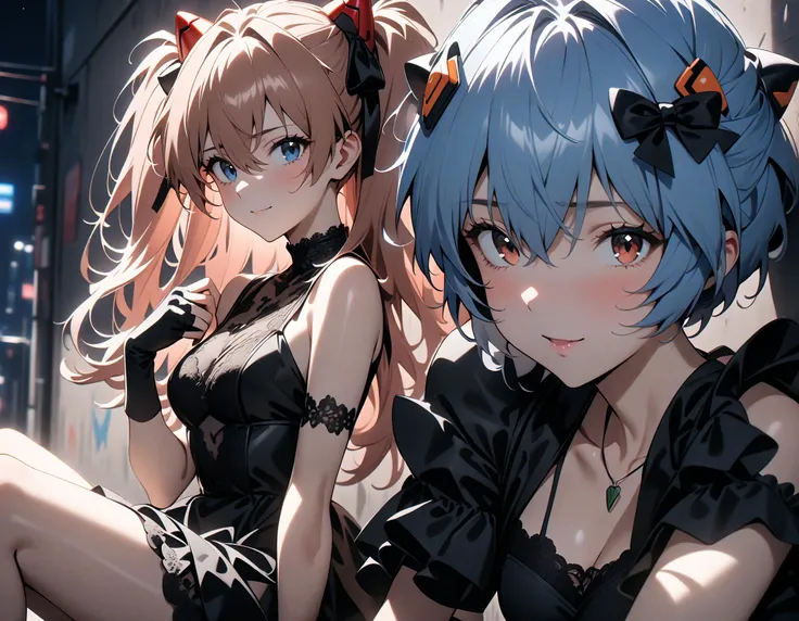 2girls, sit on floor, portrait, close-up on face,
pink theme, blue theme, black theme,
BREAK
2girls,ayanami rei,neon genesis evangelion, close up on face, (light blue hair, short hair:1.2), black highlights hair, blue highlights hair,streaked hair, black ribbon,
layered dress, lace decoration on dress, fingerless gloves, lace sleeves, pose,
open mouth,
BREAK AND
2girls,souryuu asuka langley,neon genesis evangelion, close up on face, brown long hair, pink highlights hair, blue highlights hair,streaked hair, black ribbon,
black dress, lace decoration on dress,fingerless gloves, bare shoulders, pose,
smile,
BREAK
indoor,abstract graffiti, sit against wall,
, backlighting, (lighting:1.2), neon light,, (masterpiece:1.2), (best quality:1.2), (very aesthetic:1.2), (absurdres:1.2), (detailed background),newest,ai-generated, intricate,
