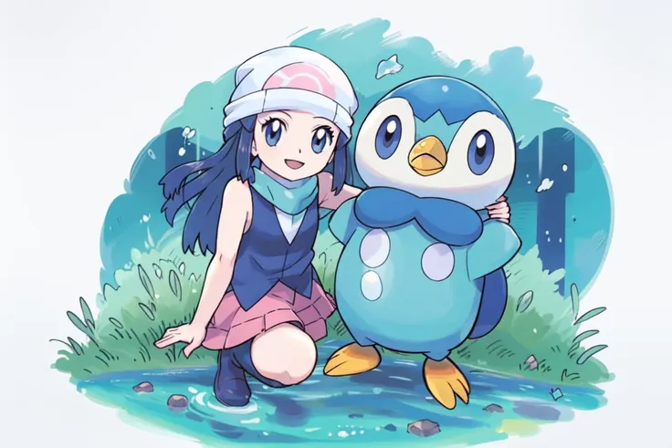 <lora:DawnLora:1>,dawn \(pokemon\), forest, light rays, 1girl, cowboy shot, looking at viewer, blue eyes, blue hair, smile, beanie, hairclip, sleeveless shirt, skirt,pink skirt, kneehighs, scarf,  black shirt, piplup at my feet, white headwear,  BREAK
(masterpiece, best quality:1.2), piplup, pokemon \(creature\), pokemon, blue penguin pokemon, <lora:piplup_v1:0.8>,