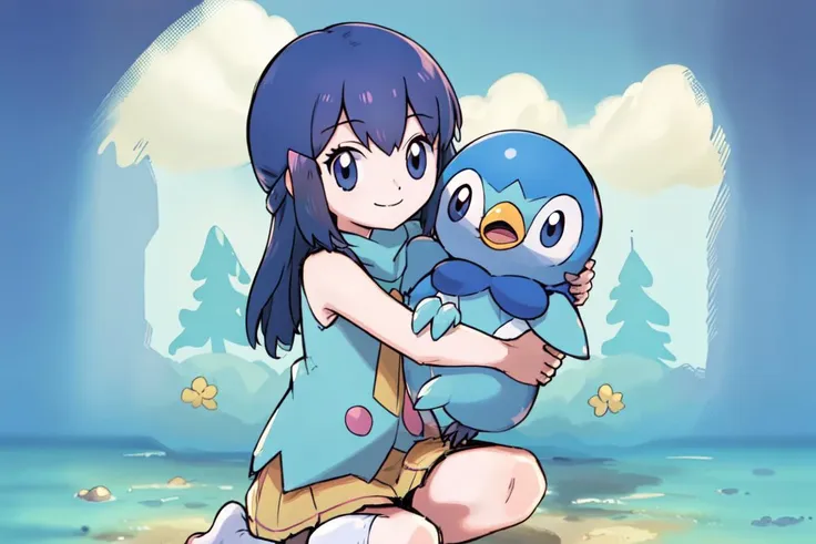 <lora:DawnLora:1>,dawn \(pokemon\), forest, light rays, 1girl, cowboy shot, looking at viewer, blue eyes, blue hair, smile, beanie, hairclip, sleeveless shirt, skirt, kneehighs, scarf, piplup at my feet,  BREAK
(masterpiece, best quality:1.2), piplup, pokemon \(creature\), pokemon, blue penguin pokemon, <lora:piplup_v1:0.8>,