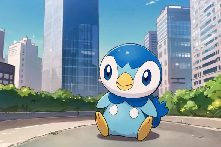 (masterpiece, best quality:1.2), piplup, pokemon \(creature\), pokemon, blue penguin pokemon, <lora:piplup_v1:0.8>, sitting in the street, city, skyscrapers, buildings