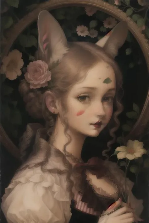 <lora:envybetterhandsLocon_alpha3:1>, <lora:StephenMckay:1>, stephenmckay, painting of a woman with an animal head