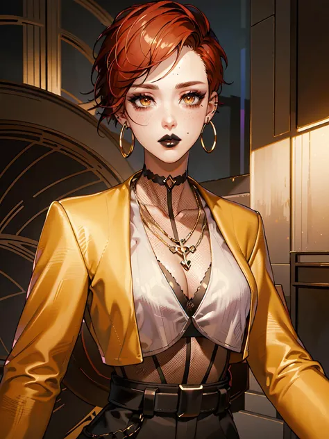 (masterpiece, best quality, highres:1.3), CyberAurore, 1girl, solo, looking at viewer, short hair, red hair, cleavage, brown eyes, jewelry, jacket, upper body, earrings, choker, necklace, bra, makeup, piercing, lipstick, eyeshadow, freckles, hoop earrings, black lips, <lora:CyberAurore:0.9>