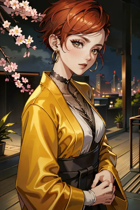 ( masterpiece, best quality, highres:1.3)
 <lora:CyberAurore:0.9>
CyberAurore,  1girl, solo, looking at viewer, short hair, red hair, hoop earrings, yukata, japan, cherry blossoms, hair ornament