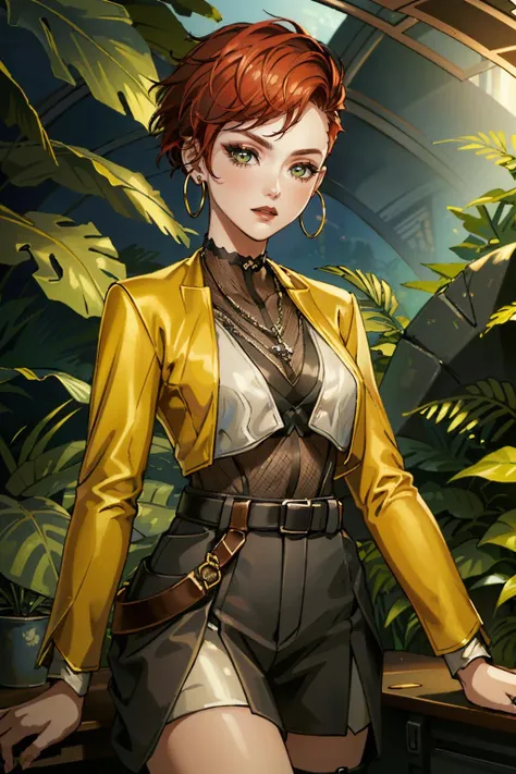 ( masterpiece, best quality, highres:1.3)
 <lora:CyberAurore:0.9>
CyberAurore,  1girl, solo, looking at viewer, short hair, red hair, hoop earrings, in lush jungle with flowers