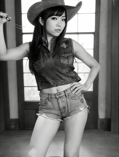 (ShinoAoi), (woman),
In the midst of an American countryside, our muse captures the essence of Western chic with her cowgirl-inspired outfit that exudes modern sophistication. She wears a (fitted leather vest adorned with intricate embroidery and silver stud accents:1.2), adding a touch of glamour to her look. A crisp (white button-down shirt is tucked into high-waisted denim short shorts:1.3), highlighting her feminine silhouette. Completing the ensemble, she dons (knee-high suede boots with fringe detailing:1.1) that sways with her every step. With one hand resting on her hip and the other holding a lasso, she strikes an empowering pose against a backdrop of rolling plains and expansive blue skies, epitomizing the spirit of the American frontier.
good hand,4k, high-res, masterpiece, best quality, head:1.3,((Hasselblad photography)), finely detailed skin, finely detailed textures, sharp focus, (cinematic lighting), collarbone, night, soft lighting, dynamic angle, [:(detailed face:1.2):0.2] realism by Chuck Close and (photography by Peter Hurley:1.1)