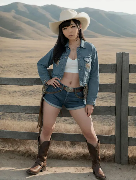 (ShinoAoi), (woman),
Against the vast expanse of the American prairie, our muse channels the spirit of iconic Americana with a cowgirl-inspired look that exudes strength and allure. Dressed in a fitted denim jacket adorned with intricate embroidery and fringed accents, she embraces the rugged yet fashionable essence of the Wild West. A plaid shirt tied at the waist accentuates her hourglass figure, while worn-in leather chaps and cowboy boots complete the ensemble. With one foot propped up on a wooden fence, her pose evokes confidence and independence, as the golden rays of the setting sun cast a warm glow on the sweeping plains and rolling hills behind her, creating a scene worthy of a captivating billboard or poster.
good hand,4k, high-res, masterpiece, best quality, head:1.3,((Hasselblad photography)), finely detailed skin, finely detailed textures, sharp focus, (cinematic lighting), collarbone, night, soft lighting, dynamic angle, [:(detailed face:1.2):0.2] realism by Chuck Close and (photography by Peter Hurley:1.1)