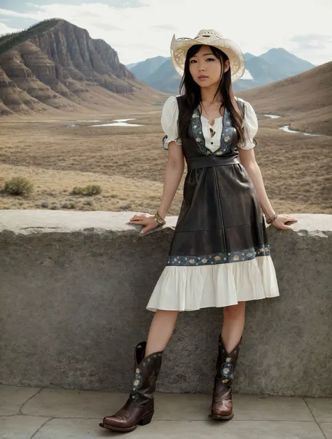 (ShinoAoi), (woman),
Amidst the awe-inspiring beauty of the American West, our muse radiates with an iconic Americana appeal, dressed in a vintage-inspired cowgirl outfit. She wears a (flowing prairie dress with delicate lace details and floral embroidery:1.2), reminiscent of a bygone era. A (wide-brimmed straw hat adorned with a ribbon:1.1) accentuates her feminine charm. Her (intricate leather cowboy boots:1.2), weathered from adventures, complete the look. Striking an epic pose against a backdrop of picturesque mountains and a vibrant sunset, she exudes a sense of nostalgia and timeless elegance. Her ethereal presence against the rugged landscape creates an image that deserves to be showcased on a grand billboard or poster.
good hand,4k, high-res, masterpiece, best quality, head:1.3,((Hasselblad photography)), finely detailed skin, finely detailed textures, sharp focus, (cinematic lighting), collarbone, night, soft lighting, dynamic angle, [:(detailed face:1.2):0.2] realism by Chuck Close and (photography by Peter Hurley:1.1)