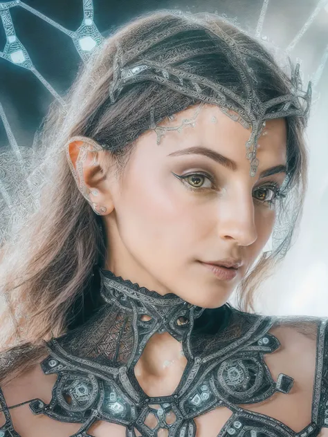 MelenaMariaRya, (woman),
(portrait:1.1), headshot
Within a realm where advanced technology and fantastical creatures roam, our muse shines as the epitome of elegance and innovation in her fashion-forward ensemble. She wears a( gown that blends elements of futuristic cybernetics with ethereal elven aesthetics:1.3). The( dress features a sleek, form-fitting design adorned with (intricate patterns of circuitry:1.4), interwoven with delicate elven motifs:1.3). Embedded holographic gems emit a soft, iridescent glow, enhancing her every movement. As she poses amidst a landscape where towering floating cities hover above mystical forests inhabited by mythical, bioluminescence, 
good hand,4k, high-res, masterpiece, best quality, head:1.3,((Hasselblad photography)), finely detailed skin, finely detailed textures, sharp focus, (cinematic lighting), collarbone, night, soft lighting, dynamic angle, [:(detailed face:1.2):0.2] RAW (portrait photography by Peter Hurley:1.2), (((collar))), symmetry, head wreath,