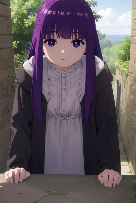 fern, <lyco:fern-lyco-nochekaiser:1>,
fern, long hair, bangs, (purple eyes:1.1), purple hair, sidelocks, blunt bangs, bright pupils, half updo,
BREAK shirt, dress, jacket, white shirt, open clothes, hood, white dress, hood down,
BREAK looking at viewer, upper body, (full body:1.2),
BREAK outdoors, sky, nature,
BREAK <lyco:GoodHands-beta2:1>, (masterpiece:1.2), best quality, high resolution, unity 8k wallpaper, (illustration:0.8), (beautiful detailed eyes:1.6), extremely detailed face, perfect lighting, extremely detailed CG, (perfect hands, perfect anatomy),