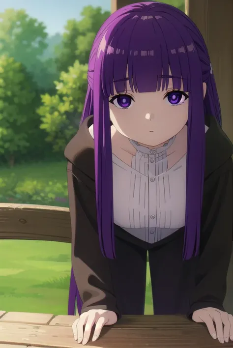fern, <lyco:fern-lyco-nochekaiser:1>,
fern, long hair, bangs, (purple eyes:1.1), purple hair, sidelocks, blunt bangs, bright pupils, half updo,
BREAK shirt, dress, jacket, white shirt, open clothes, hood, white dress, hood down,
BREAK looking at viewer, upper body, (full body:1.2),
BREAK outdoors, sky, nature,
BREAK <lyco:GoodHands-beta2:1>, (masterpiece:1.2), best quality, high resolution, unity 8k wallpaper, (illustration:0.8), (beautiful detailed eyes:1.6), extremely detailed face, perfect lighting, extremely detailed CG, (perfect hands, perfect anatomy),