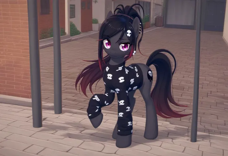 source_pony, <lora:Rin_Rokuhara_from_LiL_PonyXL:0.8>, rin_rokuhara, 1girl, skull hair ornament, solo, full body, standing, looking at viewer, ponytail, outdoors, jewelry, earrings, shirt, long hair, bangs, as a pony,, score_9, score_8_up, score_7_up, score_6_up, score_5_up, score_4_up
