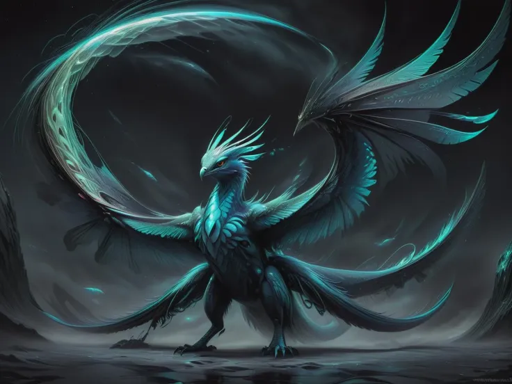 DonMWr41thXL Gigantic Roaming Networked Abstract Avian,  Digitigrade Appendages, Multi-Tailed Curved-Tailed, Smooth Skin,  Wyvern Wings,   Cellular Pattern, scifi, tech, darkness, surreal <lora:DonMWr41thXL:1>