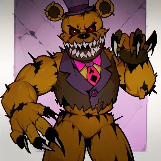 <lora:nightmare fredbear:0.8> nightmare fredbear, dark eyes socket, red pupils, stomach mouth, purple hat, purple tie, claws, sharp teeth, dark style, damaged body,, masterpiece, best quality