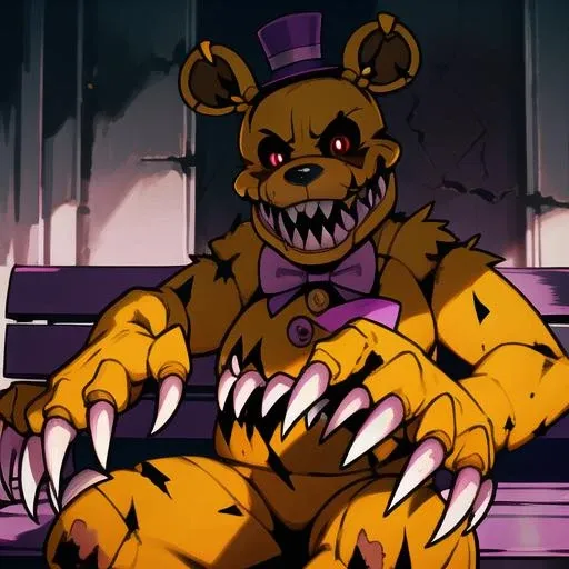 <lora:nightmare fredbear:1> nightmare fredbear, dark eyes socket, red pupils, stomach mouth, purple hat, purple tie, claws, sharp teeth, dark style, damaged body, sitting on bench, outdoors, day time, masterpiece, best quality