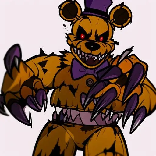 <lora:nightmare fredbear:1> nightmare fredbear, dark eyes socket, red pupils, stomach mouth, purple hat, purple tie, claws, sharp teeth, dark style, damaged body,, masterpiece, best quality