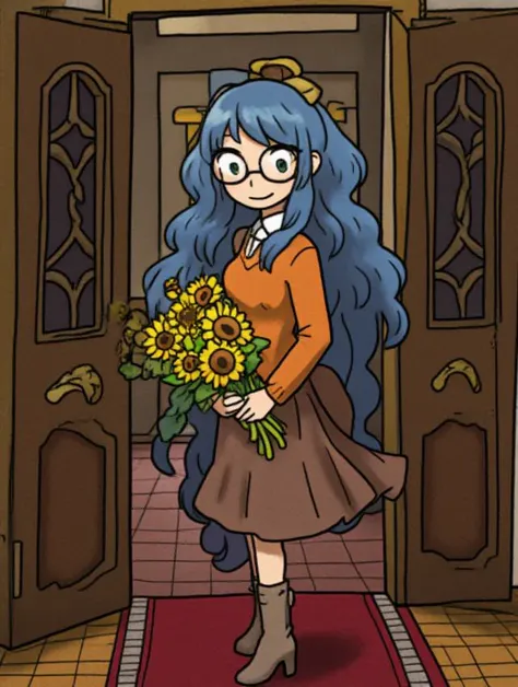 1girl who is mature, about 40 years old, long blue hair and green glowing eyes, her hair is wavy and almost touching the floor, she is wearing large glasses and an orange sweater and a knee length brown skirt with high heel boots, she is smiling and holding a bouquet of sunflowers, indoors and standing i the doorway of a regal home, <lora:mooskie_style FLUX:1> mooskie,