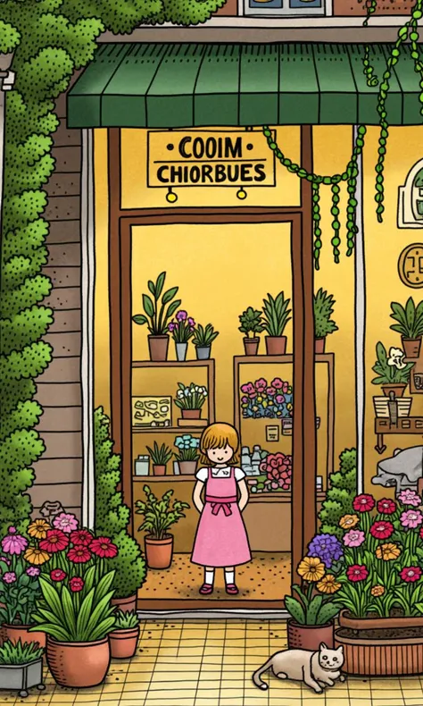 A cute girl, playing with the catexQuisite modern flower shop of the city, Simplicity, sharpie illustration, bold lines, doodle in the style of Keith Haring, thedoor of the flower shop is surrounded by plantsand flower vines, dappled sunlight down, greerplants, flowers of all colors, anime aestheticchildlike innocence and charm, Cartoonishillustration, petcor