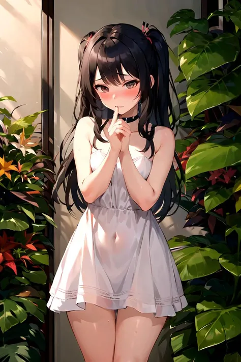 ((Masterpiece, best quality,edgQuality)), 1girl, embarrassed, blush, sweat, edgLRS dress, wall of flowers, wearing edgLRS, looking at viewer, <lora:edgLastRaysofSummer:0.8>