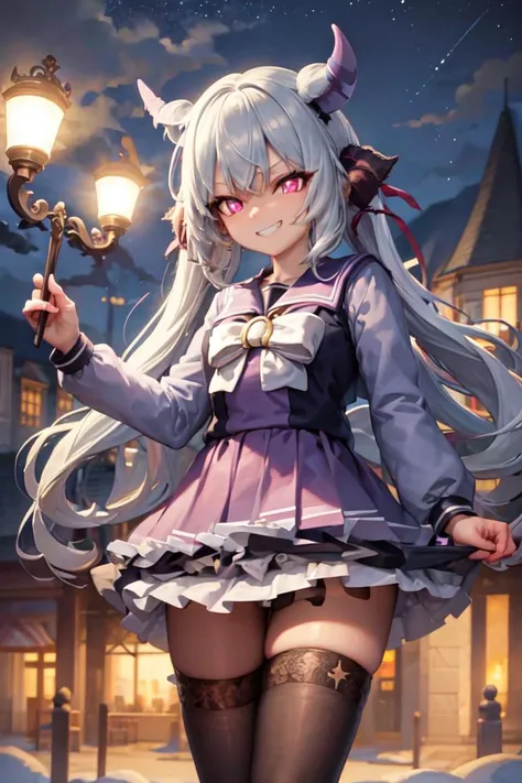 best quality, masterpiece,
demon girl,grin,standing,
night,street,stars,moonlight,
winter uniform,white thighhighs,
<lora:tracenSchoolUniform_winterVer:1>