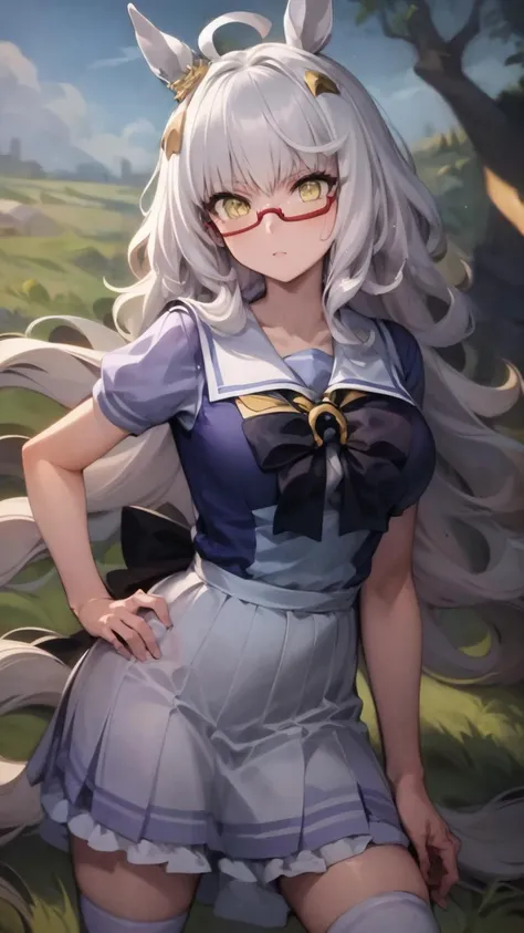 <lora:add_detail:0.3>,
(8k, masterpiece, best quality, high resolution, super fine illustration:1.2), (beautiful detailed eyes:1.2),
1girl, solo, outdoors, (grassland:2.0), midday, contrapposto,
<lora:hayahide_locon_v01:1> hayahide,
(semi-rimless eyewear, under-rim eyewear, red-framed eyewear:1.1),
berry long white hair, yellow eyes, horse ears, (gold ear ornament:1.1), (horse tail:1.2), ahoge,
<lora:tracen_school_uniform_summer:1> summer uniform, purple shirt, white skirt, sailor collar, sailor shirt, miniskirt, zettai ryouiki, white thighhighs,