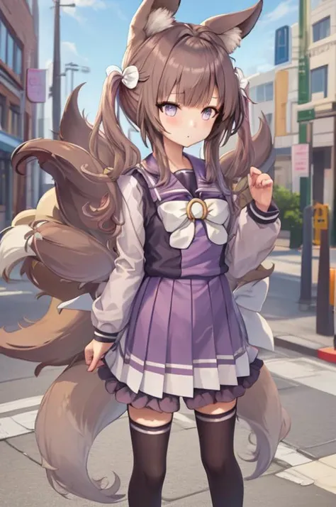 masterpiece,1girl,solo,winter uniform,thighhighs,hair ornament,standing, multiple tails,fox tails,street, <lora:tracen_school_uniform_winter:1.2>
