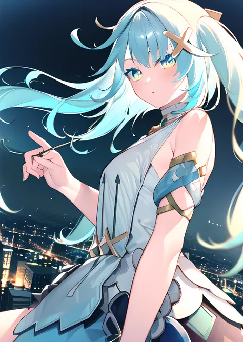 masterpiece, best quality, 1girl, aqua hair, twintails, dress, shoulder cutout, hair ornament, looking at viewer, night, cityscape, <lora:asagi:1>, <lora:faruzanGenshinImpact_v10:1>