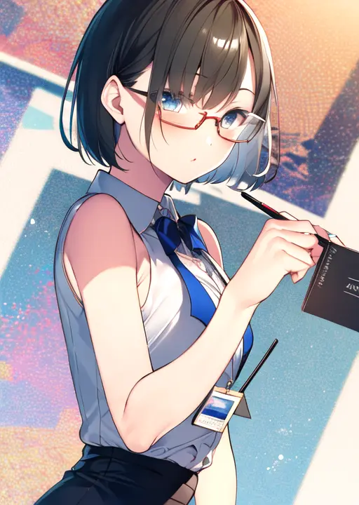 masterpiece, best quality, 1girl, bob cut, office lady, sleeveless, pencil skirt, glasses, id card, looking at viewer, <lora:asagi:1>