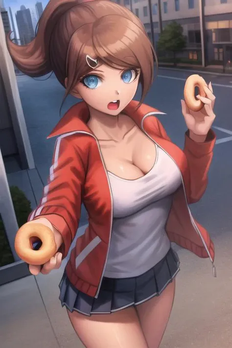 masterpiece, highres, best quality, <lora:AoiDG:1>, 1girl, solo, breasts, looking at viewer, collarbone, large breasts, school, medium breasts, official style, buildings, city, holding, jacket, white shirt, red jacket, open jacket, holding donut, open mouth,