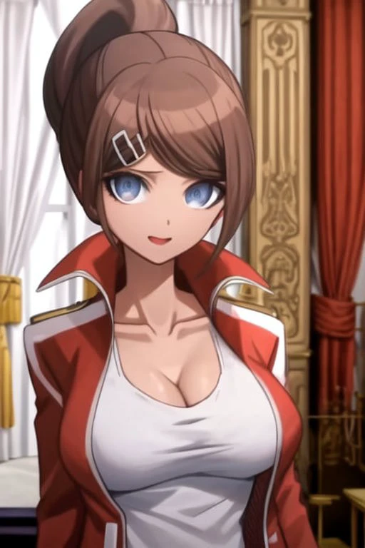 masterpiece, highres, best quality,  <lora:AoiDG:1>, 1girl, solo, breasts, cleavage, jacket, looking at viewer, collarbone, shirt, upper body, large breasts, curtains, open jacket, open clothes, white shirt, red jacket, medium breasts, parody, official style, closed mouth,