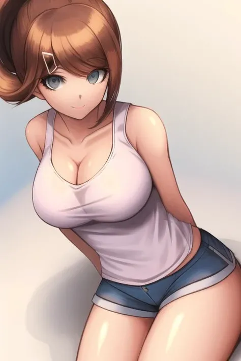 masterpiece, highres, best quality, <lora:AoiDG:1>, 1girl, solo, breasts, looking at viewer, collarbone, large breasts, medium breasts, official style, park, tank top, white shirt, blue shorts,