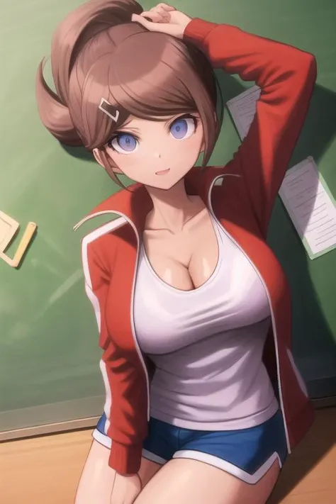 masterpiece, highres, best quality, <lora:AoiDG:1>, 1girl, solo, breasts, cleavage, jacket, looking at viewer, collarbone, shirt, large breasts, school, open jacket, open clothes, white shirt, red jacket, medium breasts, official style, closed mouth, blue shorts, blackboard,