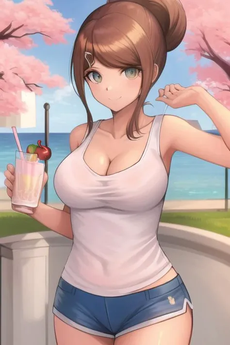 masterpiece, highres, best quality, <lora:AoiDG:1>, 1girl, solo, breasts, looking at viewer, collarbone, large breasts, medium breasts, official style, park, cherry blossom, tank top, white shirt, blue shorts,