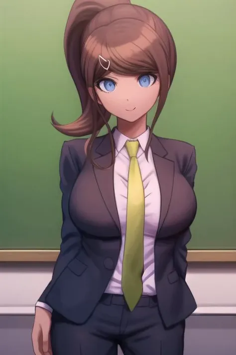 masterpiece, highres, best quality, <lora:AoiDG:1>, 1girl, solo, breasts, looking at viewer, collarbone, large breasts, school, medium breasts, official style, closed mouth, blackboard, blue eyes, suit, black suit, necktie, formal, green necktie, white shirt,