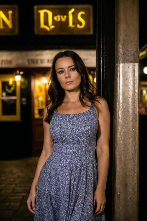 medium close up shot, <lora:iveta_real_r1:0.9> , solo, photo of Iveta, a woman, wearing a dress, standing outside a pub, night time, dark, looking to the side, posing,(sharp forcus, highly detailed, 4k, 8k, best quality, masterpiece, ultra highres:1)