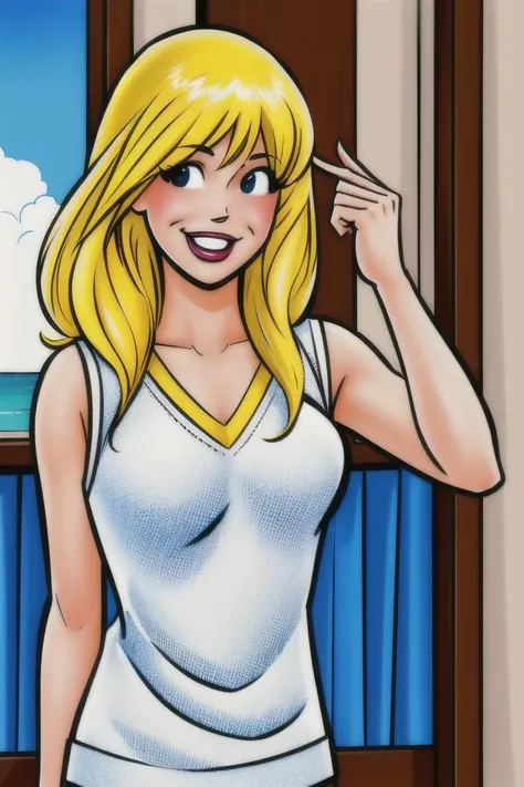 in the Balcony, (Realistic:1.5) 1girl, solo, long hair, breasts, smile, open mouth, blonde hair, Sweater vest with a white tee, <lora:EdobBettyDanParent_v1.0:0.8>