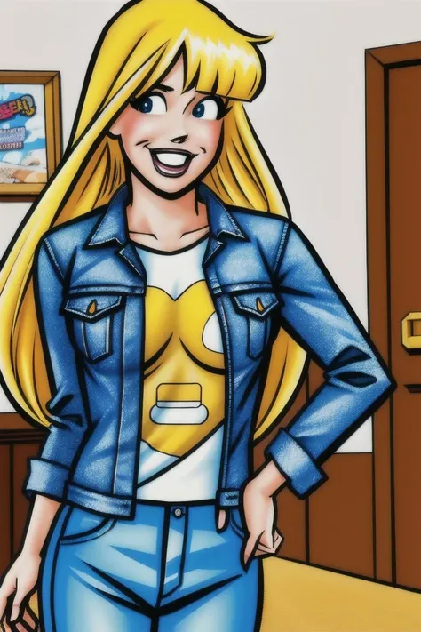 in the Living room, (Realistic:1.5) 1girl, solo, long hair, breasts, smile, open mouth, blonde hair, Denim jacket with a graphic tee, <lora:EdobBettyDanParent_v1.0:0.8>