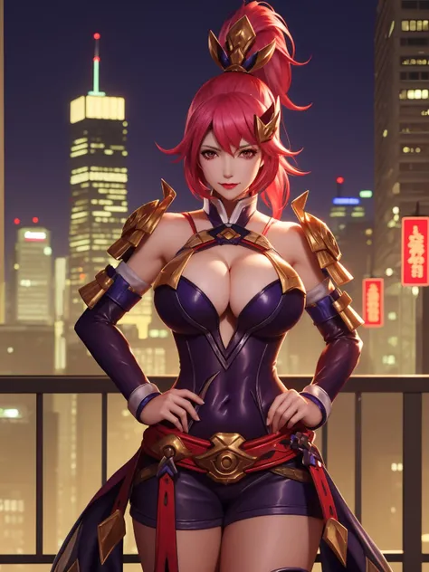 WZRYhuamulanYP, 1girl, solo, breasts, ponytail, red hair, long hair, red eyes, large breasts, cleavage, armor, detached sleeves, belt,hair ornament,dress, <lora:WZRYhuamulanYP:0.75>,cityscape, night,looking at viewer, mature female,hand on hip,