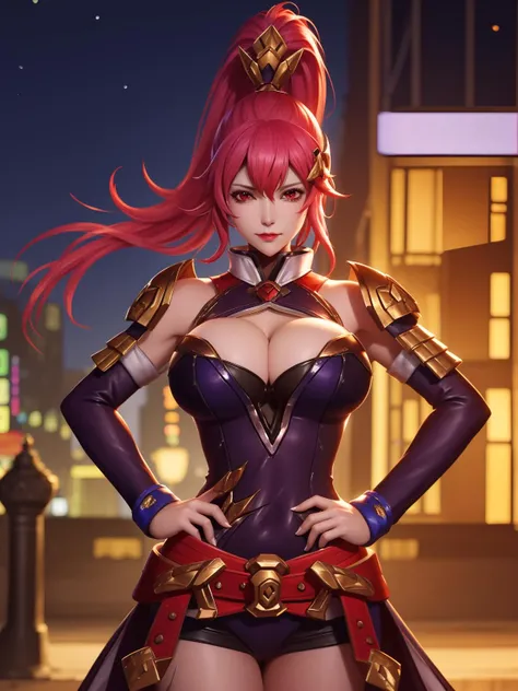 WZRYhuamulanYP, 1girl, solo, breasts, ponytail, red hair, long hair, red eyes, large breasts, cleavage, armor, detached sleeves, belt,hair ornament,dress, <lora:WZRYhuamulanYP:0.75>,cityscape, night,looking at viewer, mature female,hand on hip,