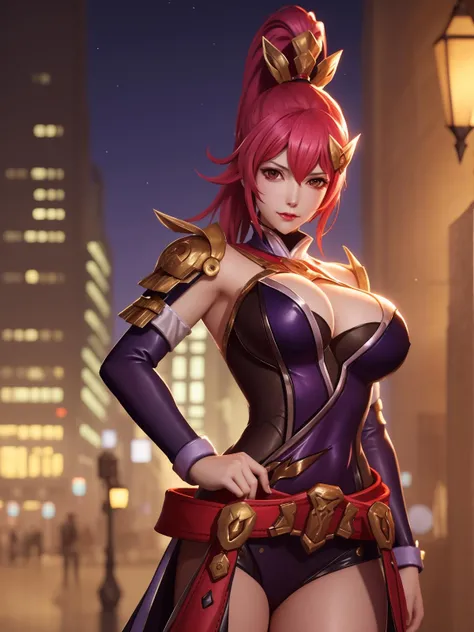 WZRYhuamulanYP, 1girl, solo, breasts, ponytail, red hair, long hair, red eyes, large breasts, cleavage, armor, detached sleeves, belt,hair ornament,dress, <lora:WZRYhuamulanYP:0.75>,cityscape, night,looking at viewer, mature female,hand on hip,