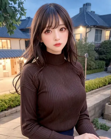 best quality, photorealistic, 8k, high res, 1girl, woman, (skindentation), (portrait:0.6), blur background, outdoor, (high-neck sweater:1.8), gorgeous, (night, floating hair:1.5), (dynamic pose:0.8), soft lighting, wind, garden, looking at viewer, (1girl eyes looking at viewer, brown hair, parted bangs:1.6), photorealistic, (bokeh), gorgeous, pureerosface_v1, <lora:grav-naomi:0.61>