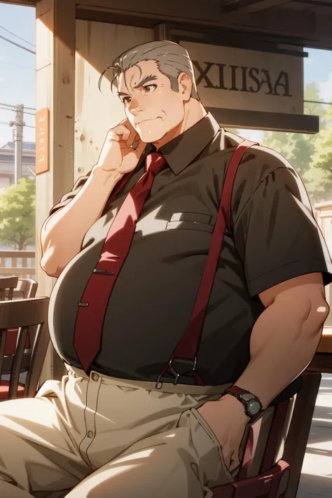 <lora:ooishi_anime_batchsize1_II:1> 1boy, best quality, solo, old man, fat, hand on own cheek, sitting, elbows on table, red necktie, suspenders, open clothes, pectoral cleavage, wristwatch, black shirt, cafe, scenery, wide shot, melancholic, sunset, large pectorals, white pants, muscular male, bara, grey hair, hair slicked back, green eyes, highly detailed, masterpiece <lora:weight_slider_v2:1.2>
